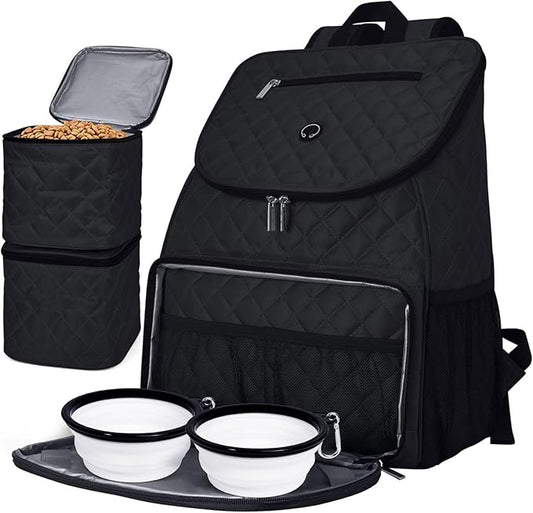 BAGLHER Dog Travel Bag, Airline Approved Pet Supplies Backpack, Dog Travel Backpack with 2 Silicone Collapsible Bowls and 2 Food Baskets, Black
