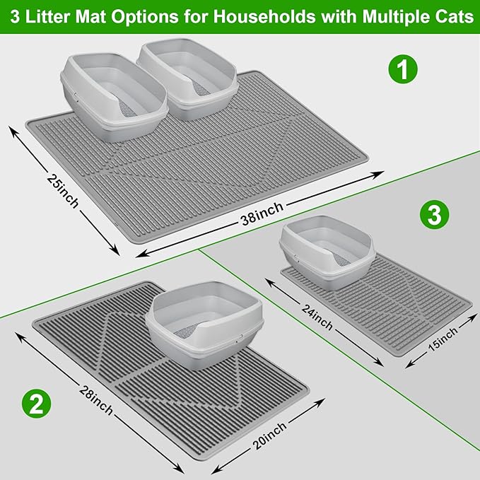 Gosmol Waterproof Cat Litter Mat, XL 28" x 20" Silicone Cat Mat for Litter Box, Large Trapping Mat with Deep Grooves, Easy Clean Non-Slip Pet Mats for Hooded/Self-Cleaning Litter Boxes - Grey