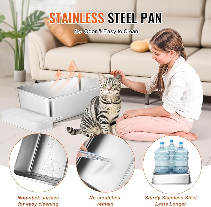 VEVOR 6'' Deep Stainless Steel Cat Litter Box,2 Pack XL Extra Large Metal Cat Litter Box for Big Cats,Non Sticky,Odor-Free &Easy-to-Clean,Include Filtering Foot Board & Scoop