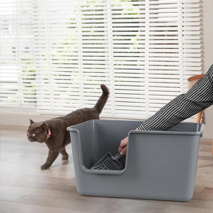 Extra Large Cat Litter Box with High Sides, Anti-Splashing Kitty Litter Box for Muti Cats, Open Big Cat Litter Pan, 4 Pack(Grey)
