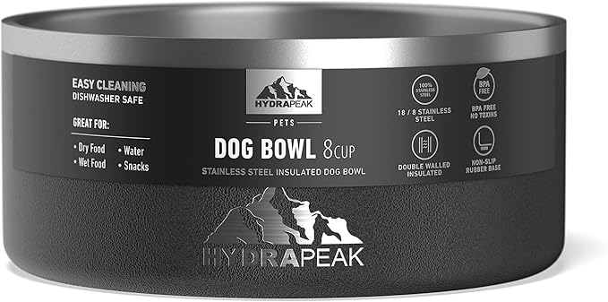 Hydrapeak Dog Bowl; Non Slip Stainless Steel; Water and Food Dish; Large Sized and Small Dogs; 32oz 64oz; Multiple Sizes | 8 Cup | Black