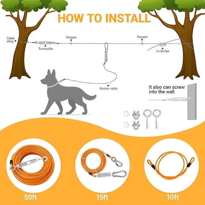 Heavy-Duty Dog Tie-Out Cable Runner System for Yard & Camping, 50/100/120ft with 10/15ft Pulley Line, Supports Dogs Up to 250lbs (Orange, 50FT)