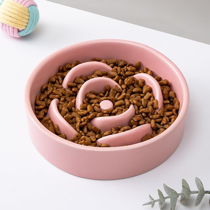 6'' Ceramic Slow Feeder Dog Bowls - Petal Shape Modern Dog Food Dish for Cats and Small Breed Dogs, Puzzle Maze Bowl to Slow Down Eating, Anti-Gulping, Dishwasher & Microwave Safe, Pink