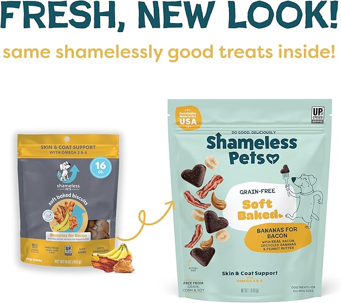 Shameless Pets Soft-Baked Dog Treats - Bananas for Bacon, Grain-Free Snacks for Medium & Large Dogs, Natural & Healthy Doggy Chews with Omega 3 & 6, Treats for Older & Senior Dogs, Made in USA