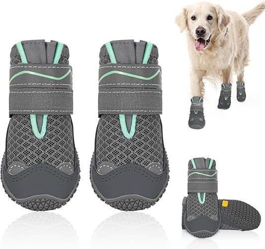 SlowTon Dog Shoes for Large Small Medium Dogs - Breathable Dog Boots for Summer Hot Pavement, Paw Protector for Outdoor Walking Winter Snow, Anti-Slip Rubber Dog Booties for Hardwood Floor (GY, 4)