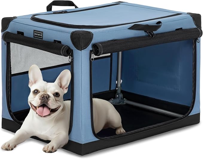 PETSFIT Dog Travel Crate, with Patented Adjustable Fabric Cover, Chewproof & Lockable Mesh Doors, Waterproof Base Soft Sided Kennel Blue 26 Inch