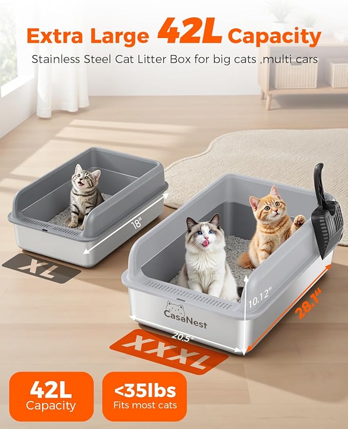 XXXL Stainless Steel Cat Litter Box with Lid 28.1''×20.5'' × 10.1” Extra Large Metal Cat Litter Box for Big, Multi Cats, Anti-Leakage & Non-Stick Metal Pan, Easy to Clean, Durable (Light Grey