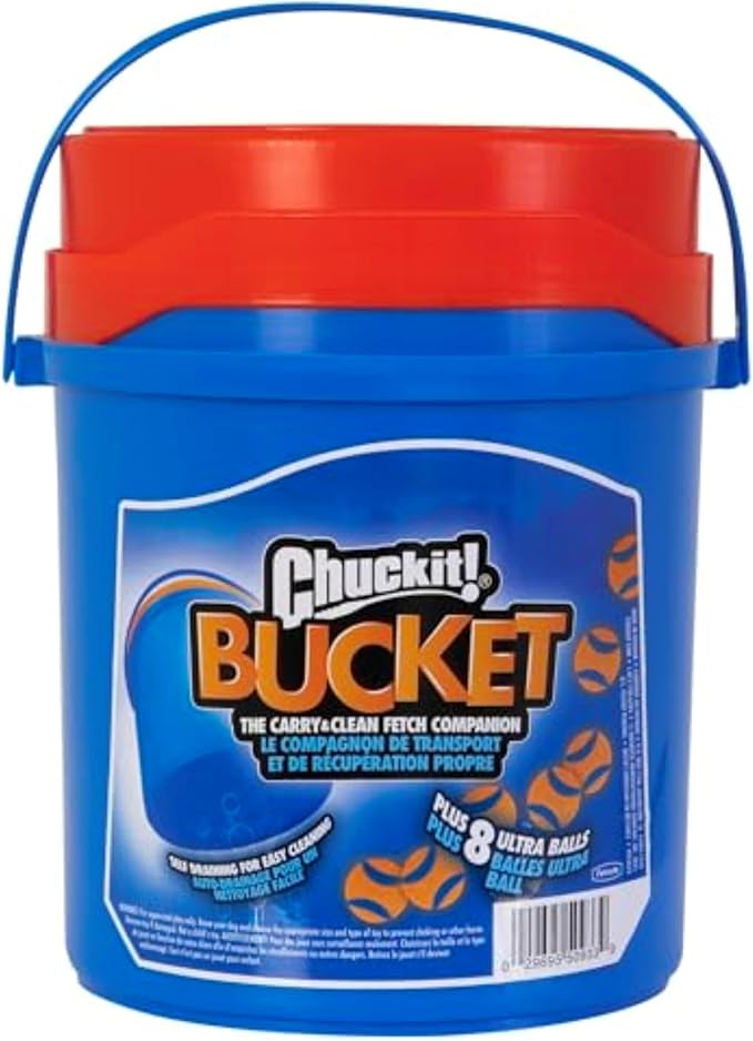 Chuckit! Ultra Ball Dog Toy with Chuckit! Cleaning Bucket, Bouncy Fetch Pet Toys For Dogs 20-60 lbs, Interactive Dog Toys, Durable Rubber, Size Medium, 2.5-inch Diameter, 8-Pack of Balls