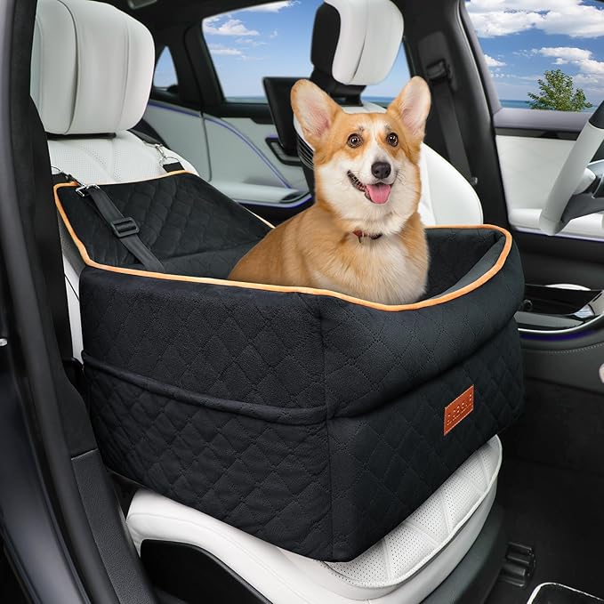 Dog Car Seat for Small Medium Dogs, Memory Foam Dog Booster Seat for Dogs 0-35 lbs, Anti-Slip Pet Seat with 2 Adjustable Leashes, Elevated Dog Travel Bed with Storage Pockets