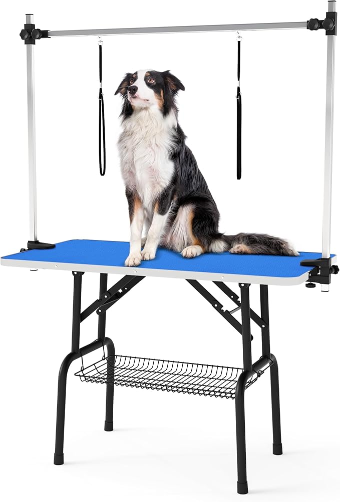 DWVO 46'' Dog Grooming Table, Foldable Pet Grooming Table with Adjustable Arm, Loop, and Mesh Tray, Non-Slip Portable Dog Bathing Station, Blue