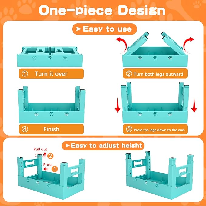 Elevated Dog Bowls with 2 Stainless Steel Bowls, Raised Dog Food Bowl Stand 5 Height Adjustable (3.1", 9", 10", 11", 12") Non-Slip Feeder Set for Medium and Large Dogs - Turquoise