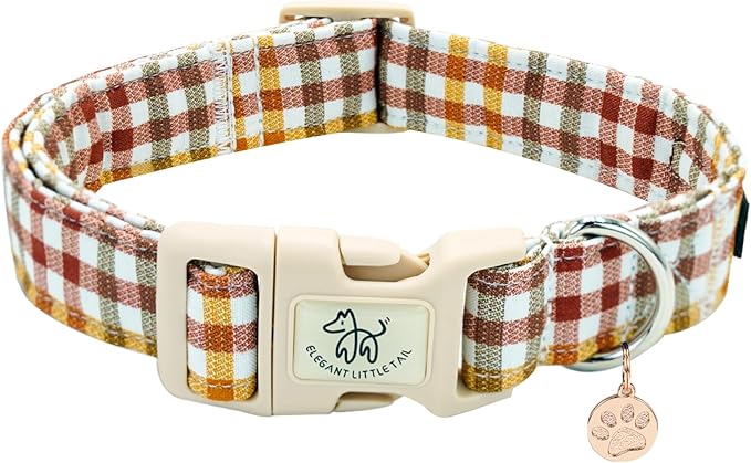Elegant little tail Fall Dog Collar, Plaid Puppy Collars Fall Yellow Male Cute Puppy Adjustable Cotton Pet Collar with Quick Release Buckle for Small Medium Large Dogs