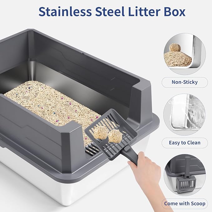 Extra Large Stainless Steel Litter Box with Lid, 28" L x 20" W x 17" H XXXL Enclosed Metal Cat Litter Box with Litter Scoop & Foot Pedal, Odor Control,Easy Cleaning Cats (Dark Grey)