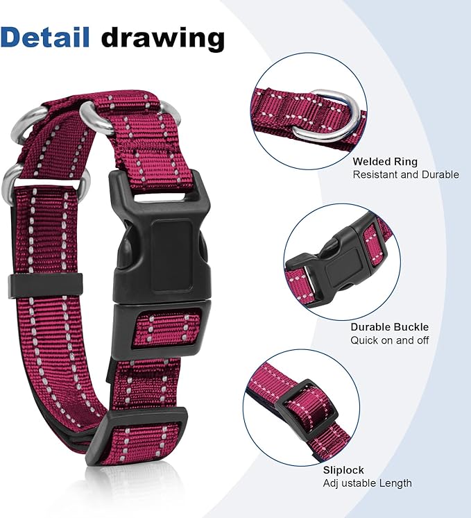 Reflective Martingale Dog Collars. Dog Collar with Quick Release Buckle. Adjustable Soft Padded Breathable Nylon Pet Collar Suitable for Puppies for Small Medium Large Dogs.