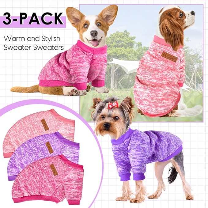 3 Pack Dog Sweaters for Small Dogs Girl Boy Winter Fleece Clothes Warm Soft Dog Sweatshirt Outfit for Dogs Cats Pet Apparel (Pink+Rose+Purple, X-Small)