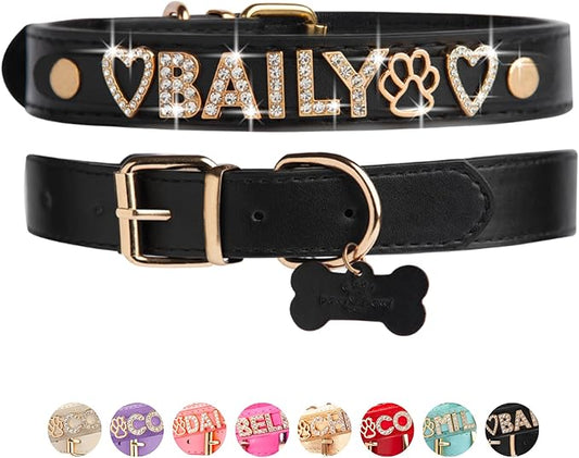 Paws Paws Miami Custom Dog Collar for Extra Small Dogs, Personalized with Name in Gold-Plated Cubic Zirconia Initials and Charm Jewels Leather Collars, Black