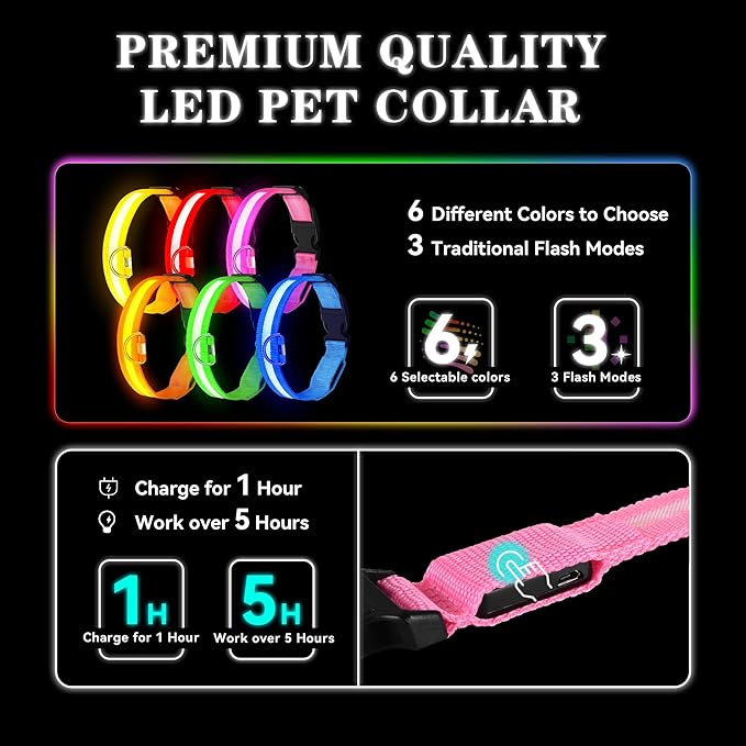 LED Light Up Dog Collar Rechargeable Waterproof, Glow in Dark Dog Collar, Lighted Dog Collars for Night Walking Charging USB, Safety for Small Medium Large Dogs (XL, Pink)