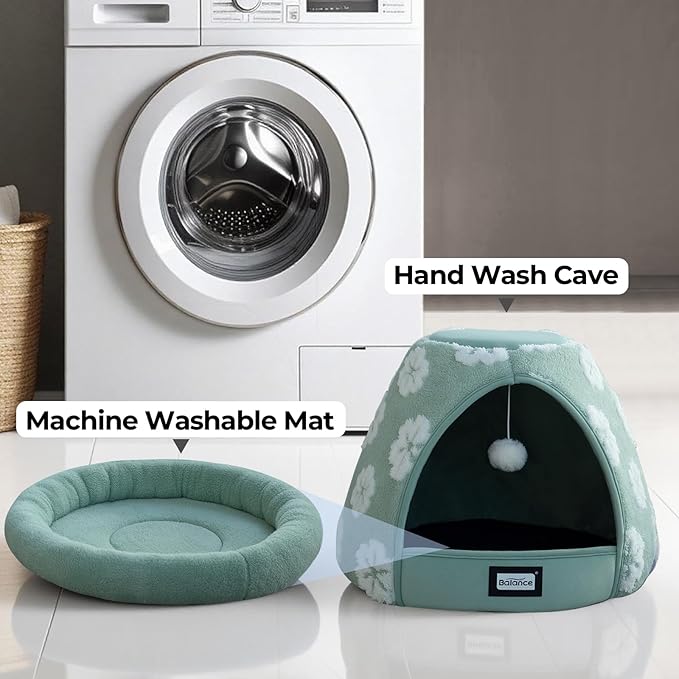 BALANCE Cat Beds for Indoor Cats, 2-in-1 Cat Bed Cave with Anti-Slip Bottom and Ultra-Soft Plush, Cozy Cats House Tent for Kittens and Small Dogs, 21 Inches, Green