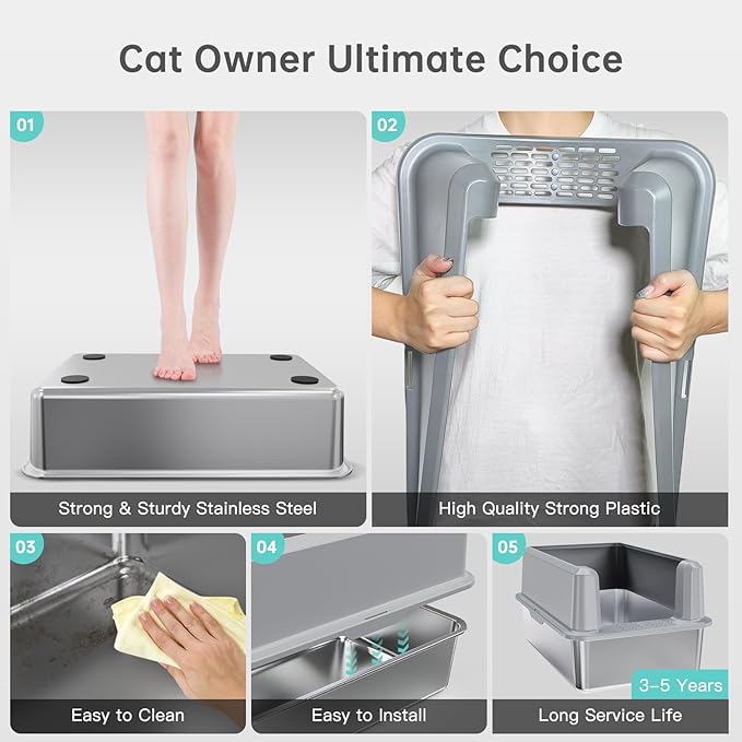 Enclosed Stainless Steel Cat Litter Box with Lid, XL Extra Large Litter Box for Big Cats, Metal Litter Pan High Sided, Never Absorbs Odors, Anti-Urine Leakage, Include Scoop (SH-Light Gray)