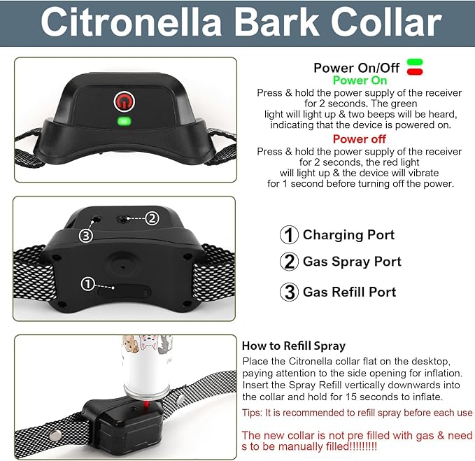 Citronella Training Collar for Dog [No Refill] Spray Dog Training Collar with Beep/Vibration/Spray 4 Mode & 6 Adjustable Sensitivities Bark Collar, IPX7 Waterproof Safer Bark Collar for L/M/S