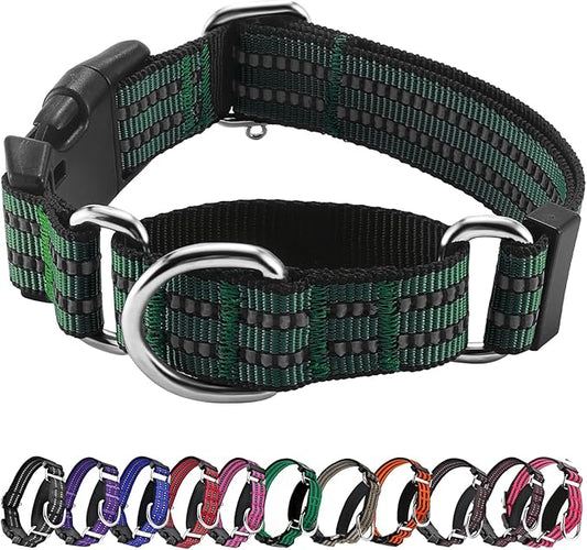 Hikiko Martingale Dog Collars Reflective Nylon Dog Collar with Quick Release Buckle Adjustable Training No Slip Dog Collar (Medium, Dark Green)