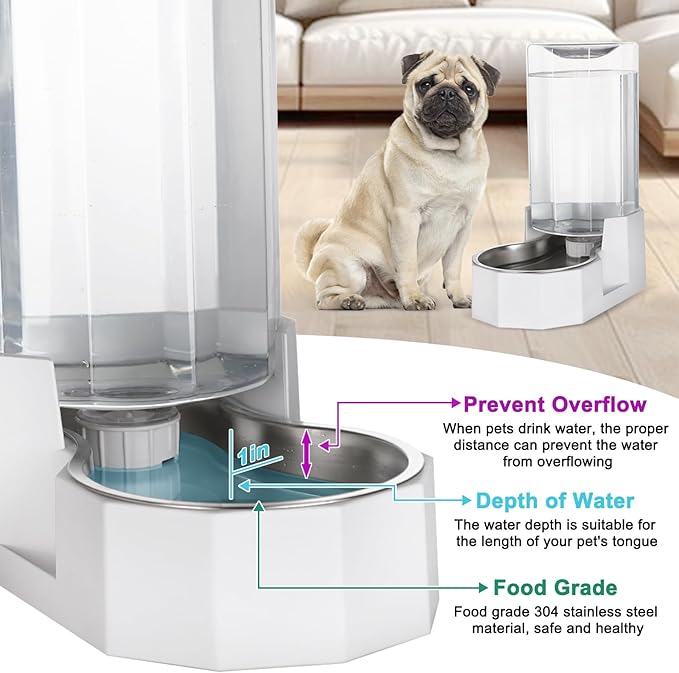 Sfozstra Automatic Pet Water Dispenser: 8L White Gravity Stainless Steel Water Bowl - with Specialized Brush - Angular Water Feeder for Senior Pet Dogs with Neck Pain Relief in Living Room Bedroom