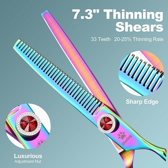GLADOG 7 Inch Professional Dog Grooming Scissors Kit, Titanium Dog Scissors for Grooming, Heavy-Duty Dog Shears for Grooming, 6-in-1 Pet Grooming Scissors for Dogs (Pro Rainbow)