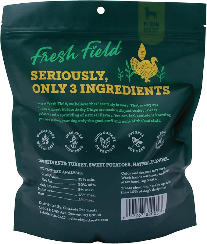 Fresh Field Turkey & Sweet Potato Jerky Chips, 5 oz – All-Natural Dog Treats, USA Made, Ideal for Allergies & Weight