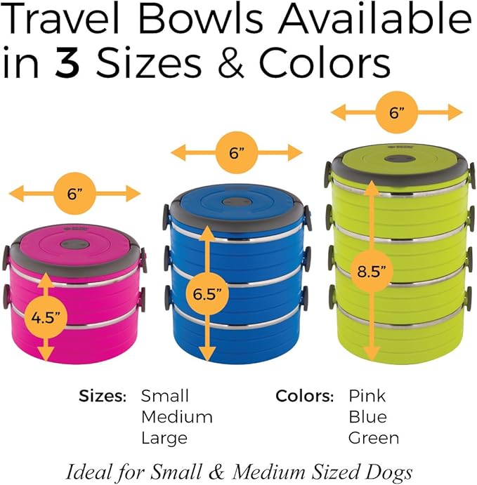 Healthy Human Travel Pet Bento Bowls - Leak Proof, Human-Grade Stainless Steel & BPA-Free, 3-Pack Water & Food Container Set, Clips & Handle (Pink)