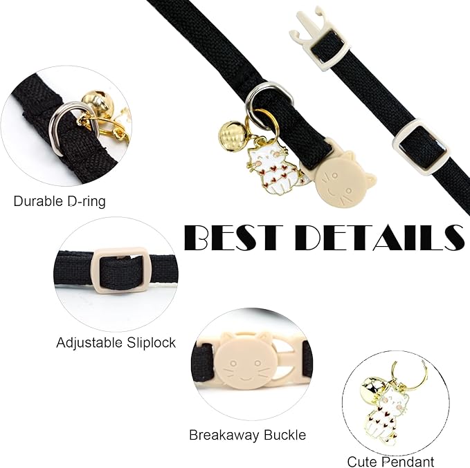 Elegant little tail 2 Pack Cat Collar- White Linnet Cat Collars Breakaway with Bell Pendant Wedding Kitten Boy Girl Safety Adjustable 7-12 Inch Collar for Small Cats Puppy