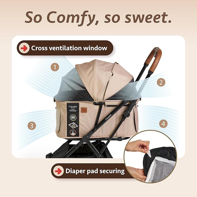 FikaGO-FTG2 Luxury Pet Stroller Lightweight Fast Folding - 44lbs Load Capacity, Pet Stroller Carriage for Small Medium Sized Pet, Portable Safety Pet Carrier or Pet Crate for Travel Gear