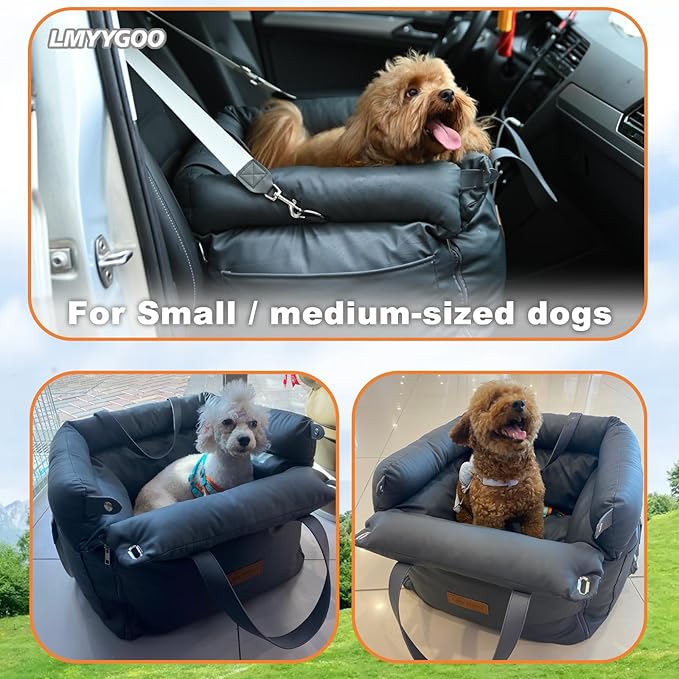 Dog Car Seat for Small & Medium Dogs, Waterproof Soft Leather Dog Car Bed with Harness Clip, Travel Bed & Carrier Bag for Pets, Fits Pets Up to 35 lbs (Navy Blue, Small & Medium)