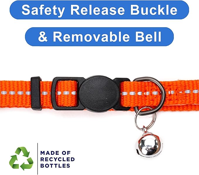 Pawtitas Recycled Cat Collar with Reflective Stitched and Safety Buckle Removable Bell Reflective Cat Breakaway Collar Made from Plastic Bottles - Orange Habanero Cat Collar.