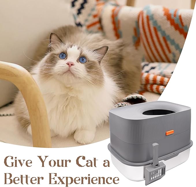 Enclosed Stainless Steel Cat Litter Box, Oversized Enclosed Cat Litter Box with Top Entry,Includes Litter Scoop,Sturdy, Suitable for Medium and Large Cats (Grey)