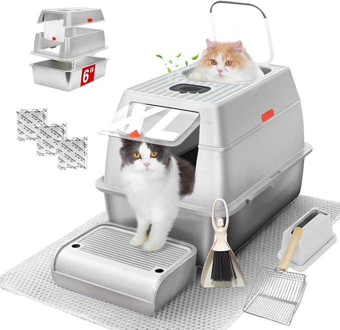 XL Stainless Steel Litter Box with Lid, Fully Enclosed 6" Deep Metal Cat Litter Box, Leak-Proof, Clumping Litter for Large, Multi-Cats, with Litter Mat, Scooper & Brush (6" Light Gray XL)