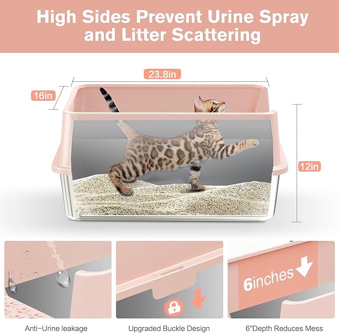 2PACK Stainless Steel Cat Litter Box with High Sides Lid, XL Litter Box for Big Multiple Cats, Extra Large Metal Kitty Litter Boxes with Anti-Leakage Enclosure, Non-Stick,Odorless,Scoop Included