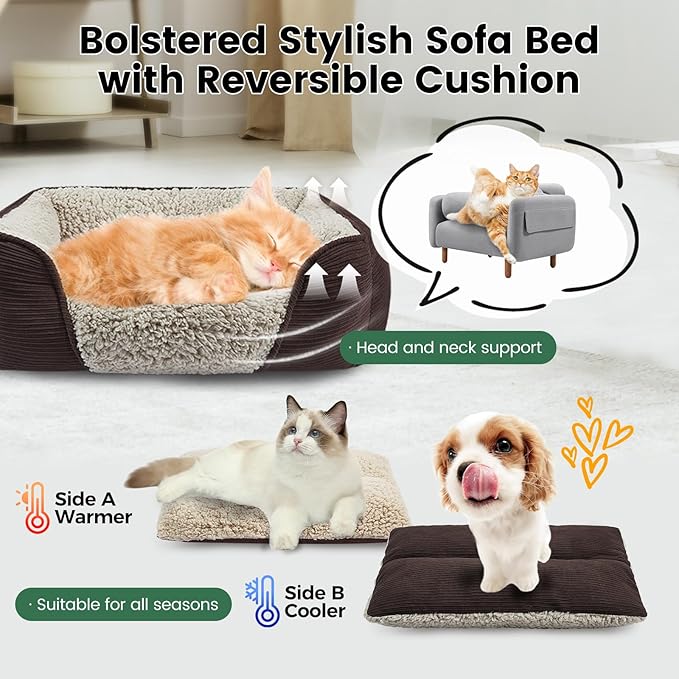 Miguel Washable Dog Bed with Removable Cushion for Small Dogs, Easy to Wash Pet Sofa Bed with Side, Rectangle Bolster Cat Bed Calming Cuddle Puppy Bed with Anti-Slip Bottom, Dark Brown 18 Inch