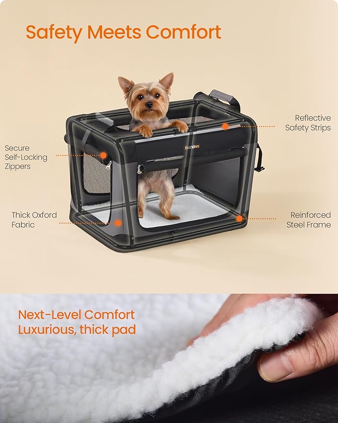 Feandrea Collapsible Dog Crate, 20-Inch Portable Dog Travel Crate for Small Dogs, Oxford Fabric Pet Carrier with 4 Mesh Doors, Handles, Storage Pocket, Water Bottle Holder, Ink Black UPDC015BH02