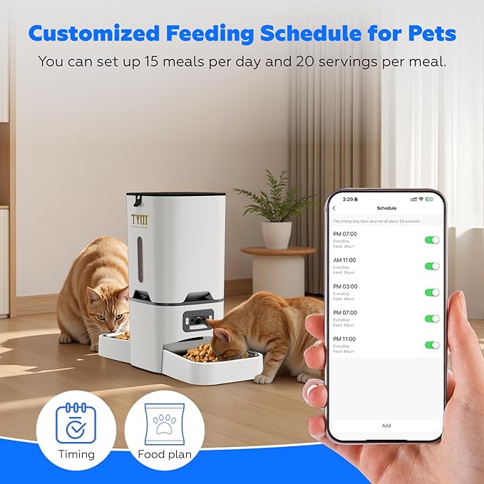 TYM Automatic Cat Feeder with 2 Camera for 2 Cats,7L Dog Automatic Feeder with Night Vision 2K 4MP 5G WiFi Dual Cat Feeder with Smart App Two-Way Audio Privacy Masking-Stainless Steel