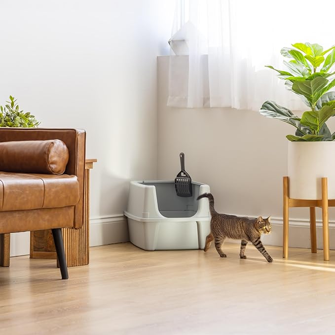 IRIS USA Large Cat Litter Box with Scatter Shield and Scoop, Open Top High Sided Cat Litter Pan, Silver