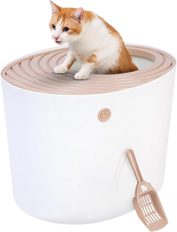 IRIS USA Cat Litter Box, Large Top Entry with Litter Catching Lid and Scoop, Dog Proof, Cat Box Enclosure, Beige/White