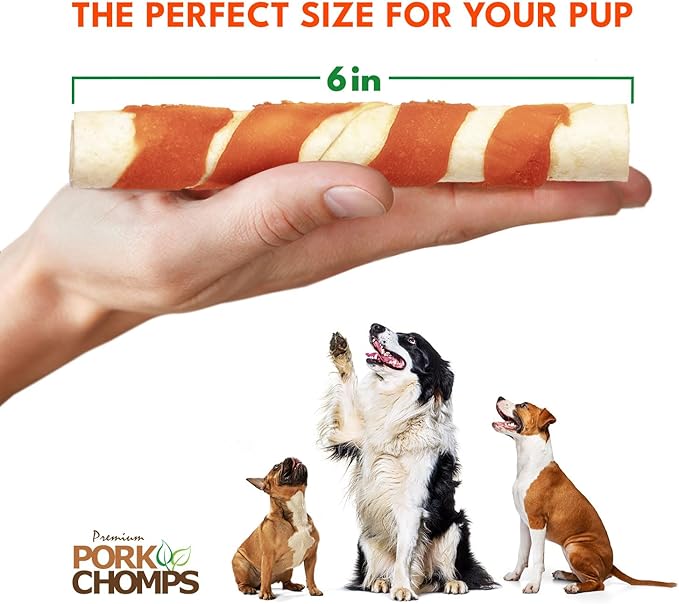 Pork Chomps Baked Pork Skin Dog Chews, 6-inch Twists, Real Sweet Potato Wrap, 4 Count