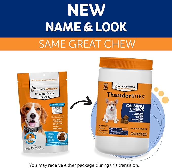 ThunderWunders Dog Calming Chews | Thiamine, L-Tryptophan, Melatonin and Ginger | Can Help Relieve Stress from Separation, Storms, Fireworks & Travel (60 Count)