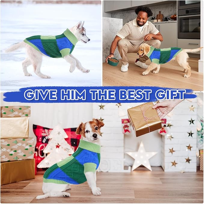 Turtleneck Pet Sweaters for Dogs Boys or Girls,Color Inlay and Moving Needle Pattern Dog Sweater,Pet Clothes,Dog Sweaters,Suitable for Various Breeds Dogs or Sizes(Green Group,3XL)