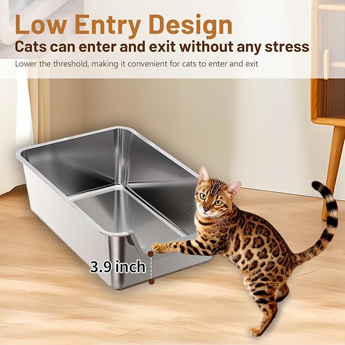 XL Stainless Steel Cat Litter Box, Leak Proof 7.9 Inch High Sides Metal Litter Pan Tray, No Stick No Slip Easy Clean Low Entry Litter Boxes for Older Senior Big Cats, Kittens, 23.6"×15.7", Silver