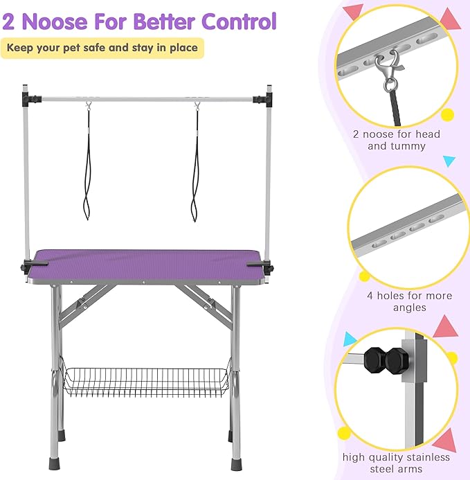 Lyromix Dog Grooming Table, Adjustable Large Pet Drying Desktop, Foldable Bathing Desk with Arms, Noose, Mesh Tray, Maximum Capacity Up to 330Lb