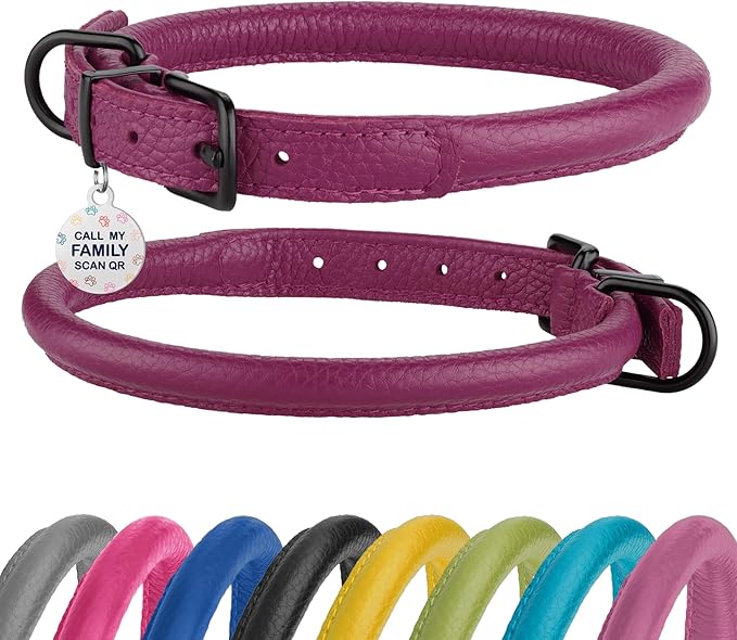 Rolled Leather Dog Collar Soft Round Collars, ID Tag for Small Medium Large Dogs (7-10 inch, Pink Berry)