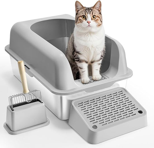 VEVOR Stainless Steel Cat Litter with Lid, XL Extra Large Enclosed Cat Litter Box for Big Cats, High Sides Metal Litter Box, Anti Leakage,Odor-Free & Easy Cleaning,Include Scoop & Foot Board
