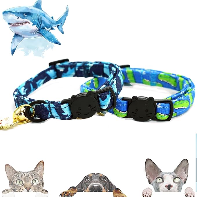 Elegant little tail 2 Pack Cat Collar-Shark Print Cotton Breakaway Cat Collars with Bell Pendant Kitten for Boy Safety Adjustable Collar for Small Cats Puppy
