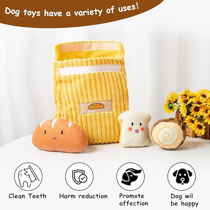 Hollypet Squeaky Dog Toy, Interactive Plush Hide and Seek Dog Toys for Small Medium Sized Dogs and Non-Aggressive Chewers, Puppy Teeth Clean Chew Toys, Bread